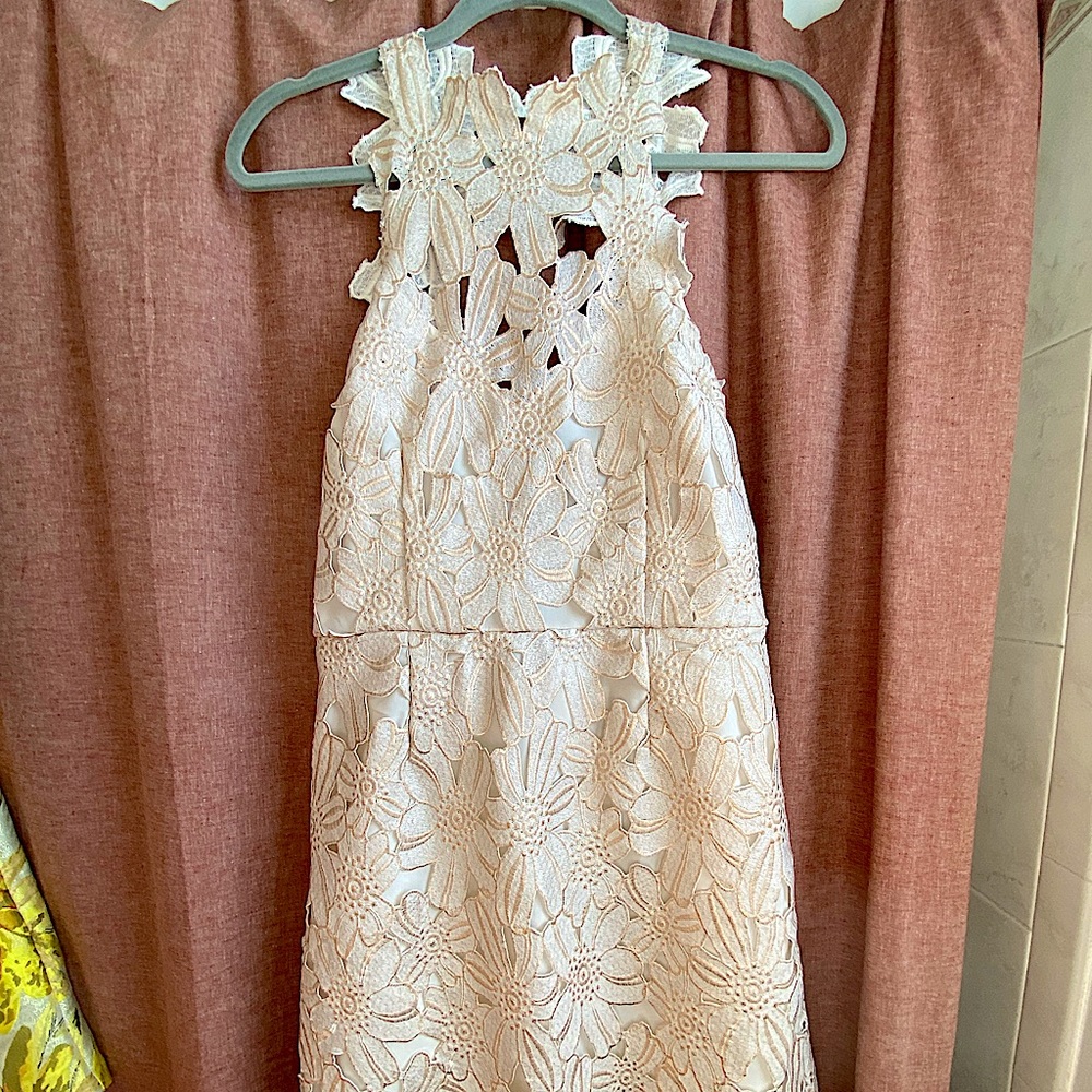Cream colored floral-knit mini dress w/ open back